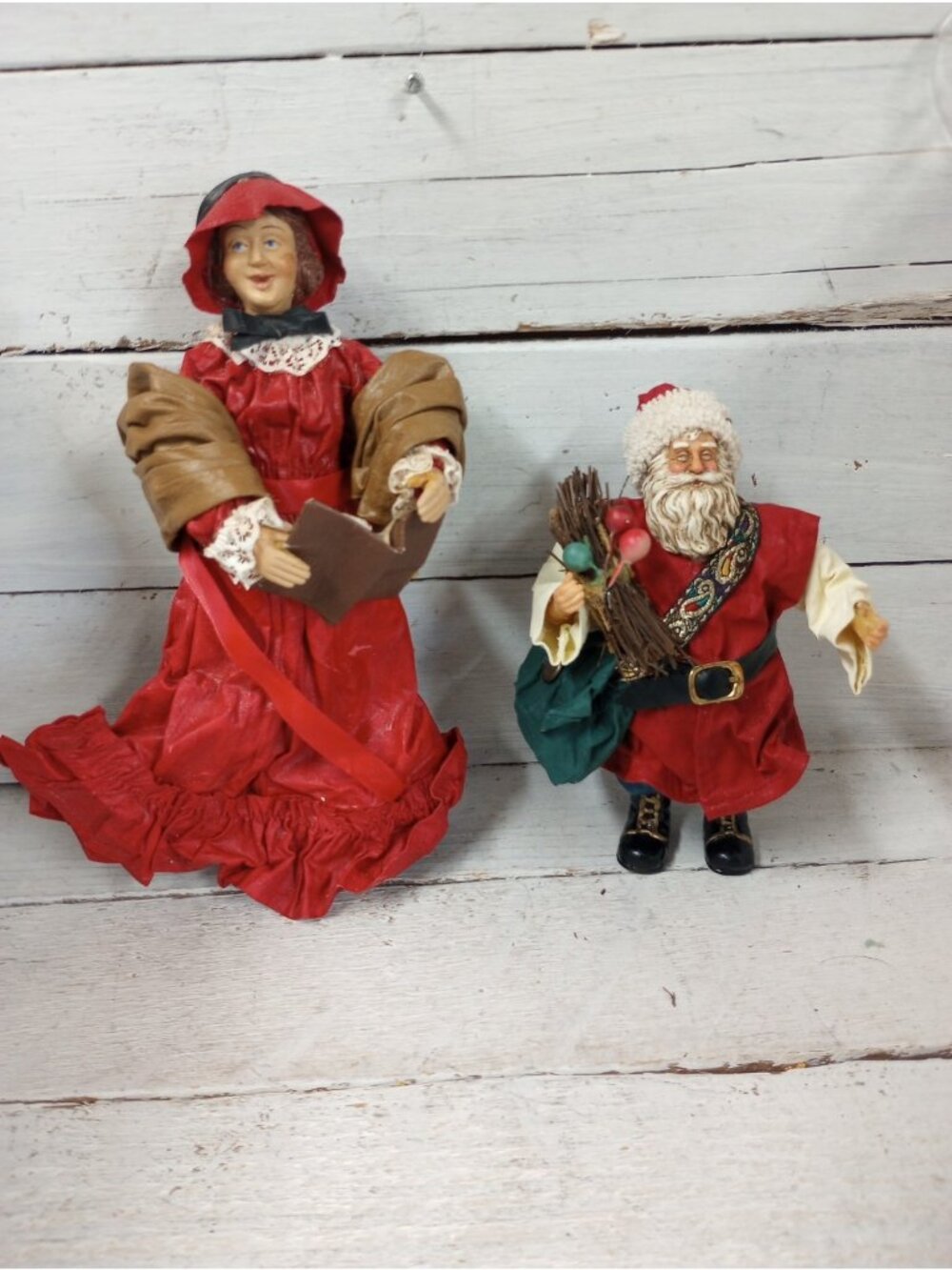 Old World Style Vintage Santa & A Caroler Paper Mache Style Christmas Xmas